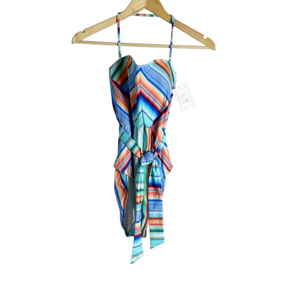 La Blanca Sunset Multicolor Bandeau Belted Tie Waist Stripe One Piece Swimsuit 4 - Picture 4 of 12